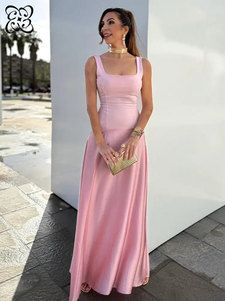 

Розовое атласное макси-платье с квадратным вырезом, женское, без рукавов, с контрастными вставками, для торжественных мероприятий, вечерних выходов, элегантное, для свадьбы, дня рождения, выпускного вечера