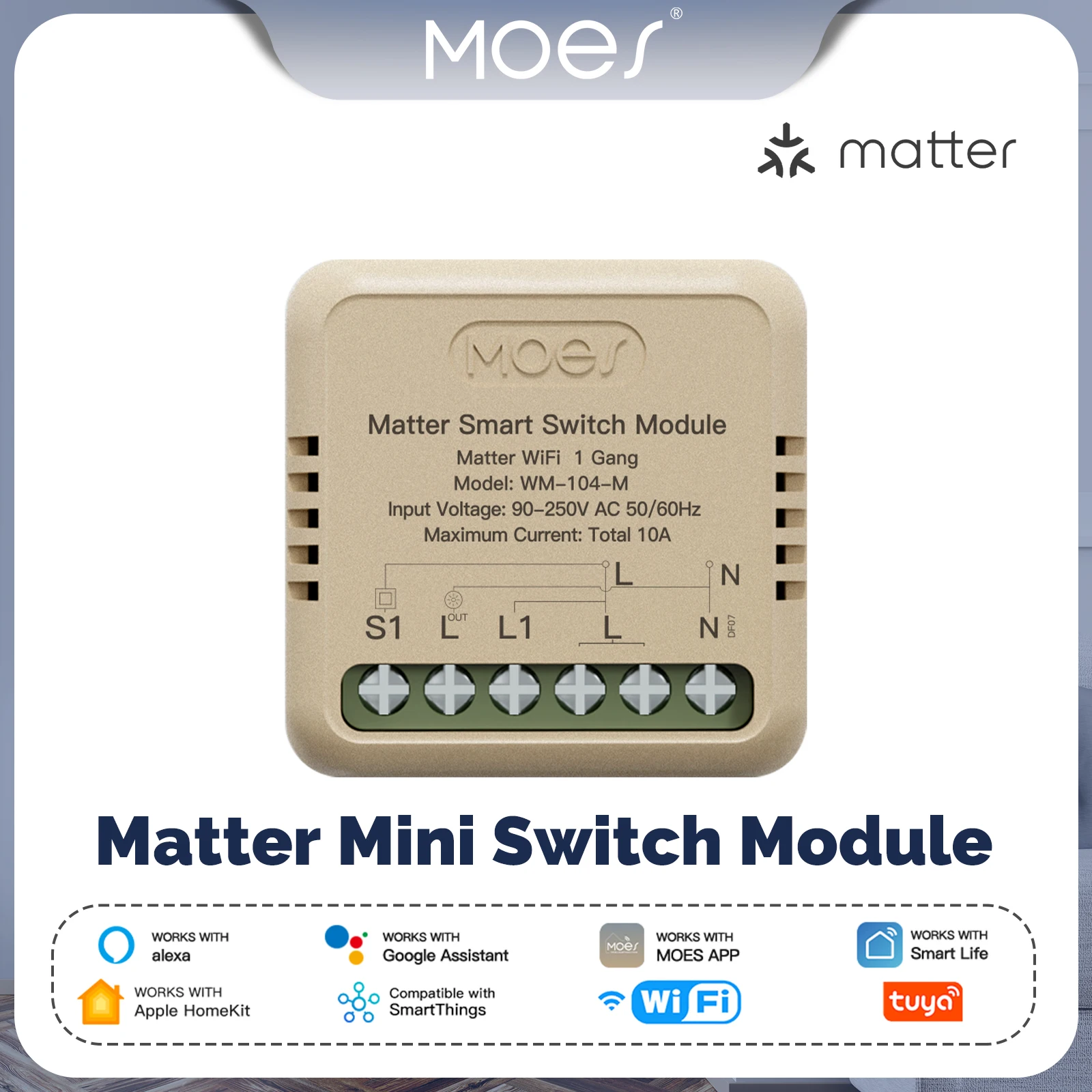 MOES Tuya WiFi Matter Mini Smart Switch Module Relay Timer Home Automation App Remote Control Work With Alexa Google Home Apple