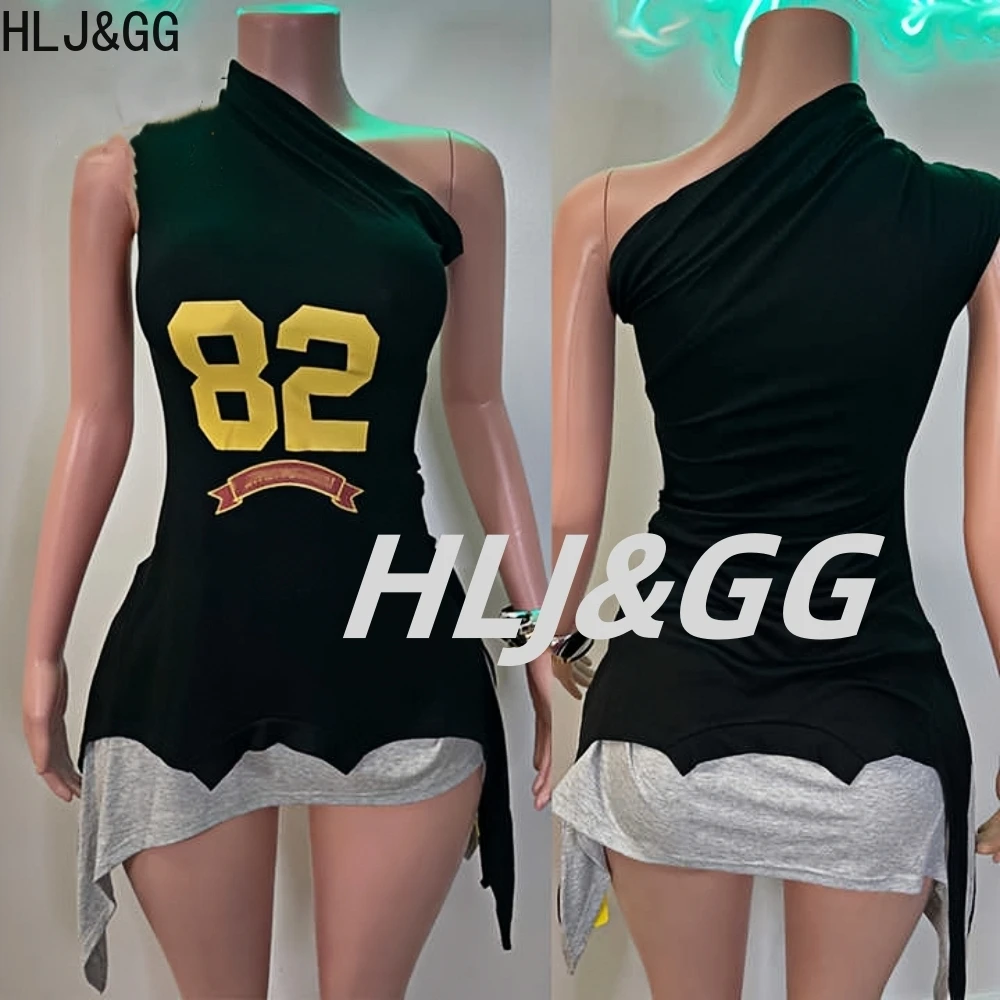 

HLJ&GG Black Summer New Letter Printing Dresses Women Round Neck Sleeveless Hollow Irregular Vestidos Fashion Streetwear 2025