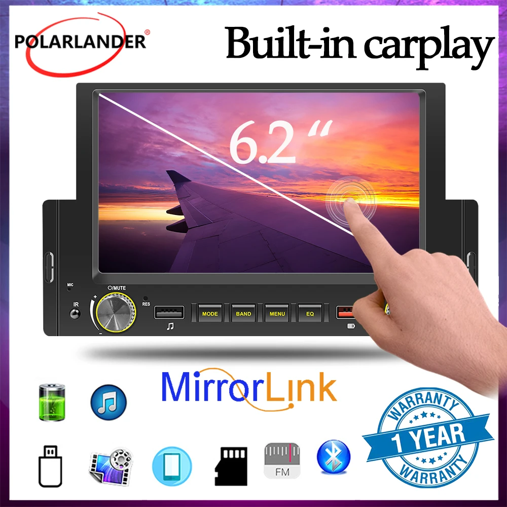 

F170C 1 Din 6.2 Inch Car MP5 Player Bluetooth Carplay Android Auto FM 60Wx4 Rear View Steering Control
