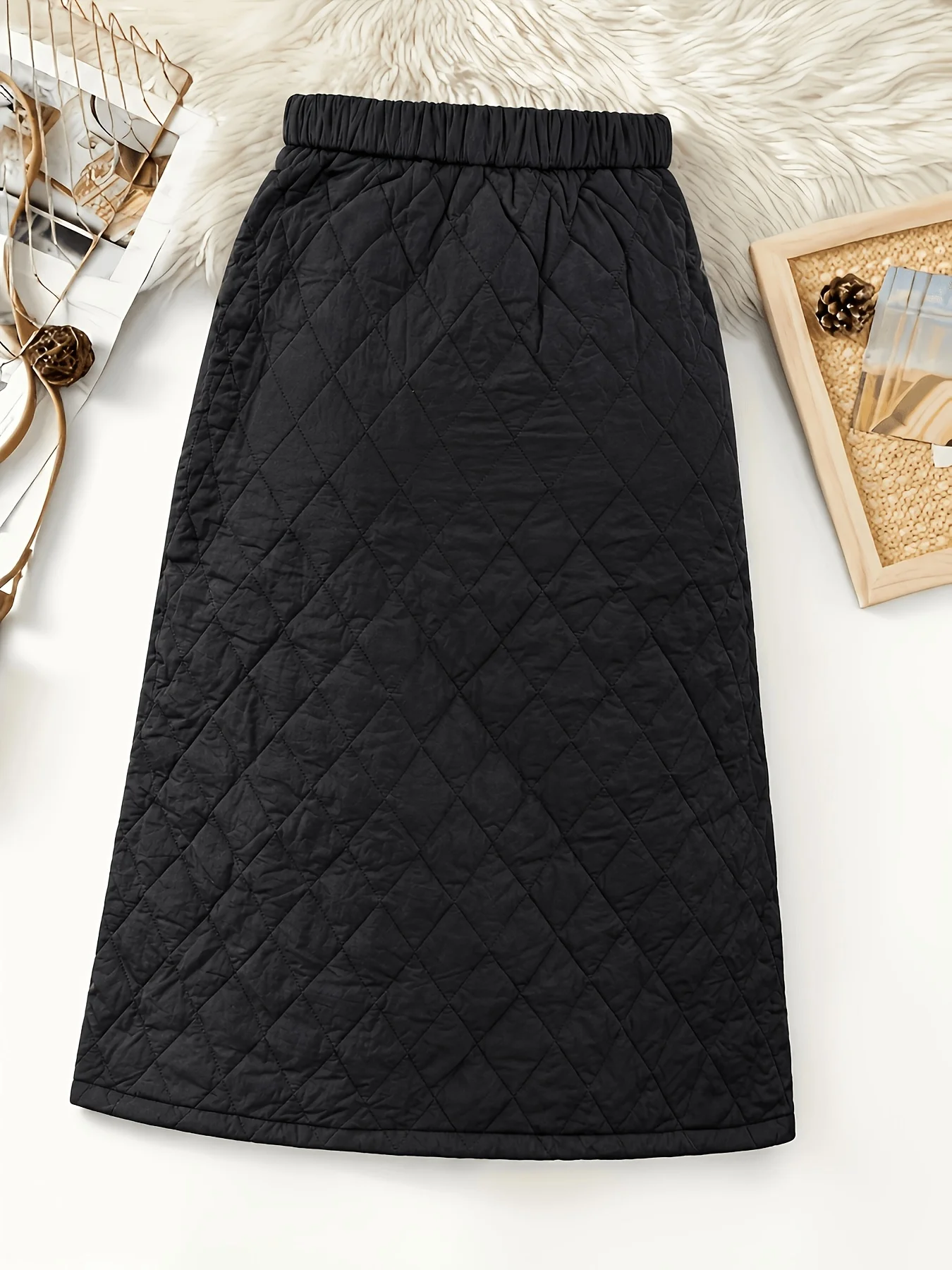 Women's Diamond Quilted Midi Skirt, Winter Warm Single Breasted Straight Skirt With Pockets