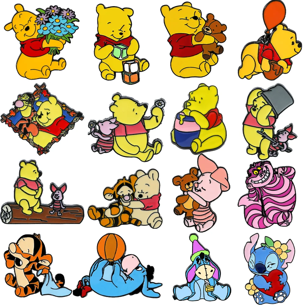 

16 Pcs Classic Cartoon Character Brooch Cute Pooh Combination Enamel Pin Backpack Clothing Jewelry Metal Badge Accessories Gift