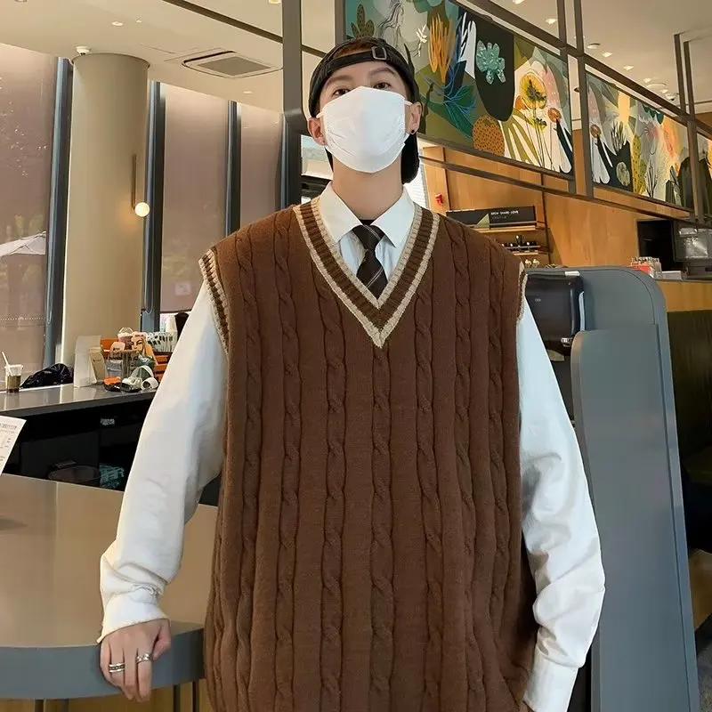 Sweater Vest Men V Neck Sleeveless Knitted Vests Tops Coats Knit Sweaters Splice Casual Loose Top Regular Autumn Winter