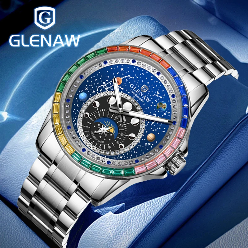 GLENAW 2025 New Design Rainbow Circle Mechanical Watch Men Constellation Dial Night Light Waterproof Top Luxury Mechanical Watch