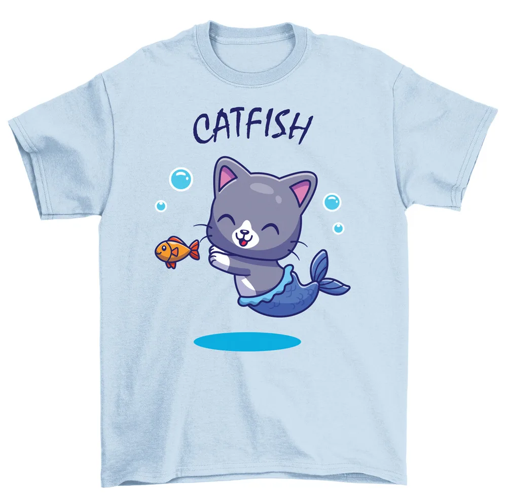 Catfish T-Shirt Cute Funny Cat Mermaid Tee Men Women High Quality 100%Cotton Short Sleeve