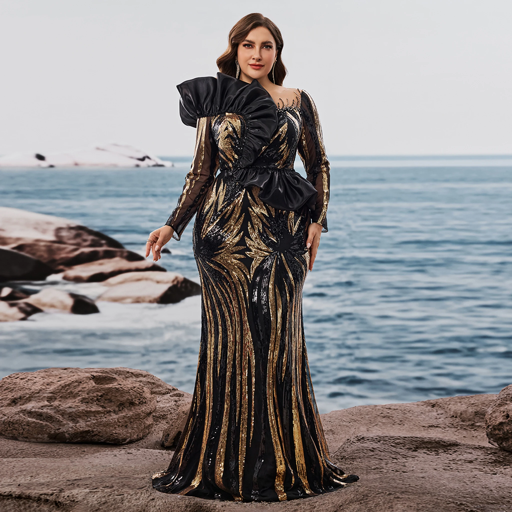 

Rosymae lus Size Luxury Sequin Dress Long Sleeve Ruffle Trim Mermaid Evening Gown for Women Sparkling Gala Celebration Dress