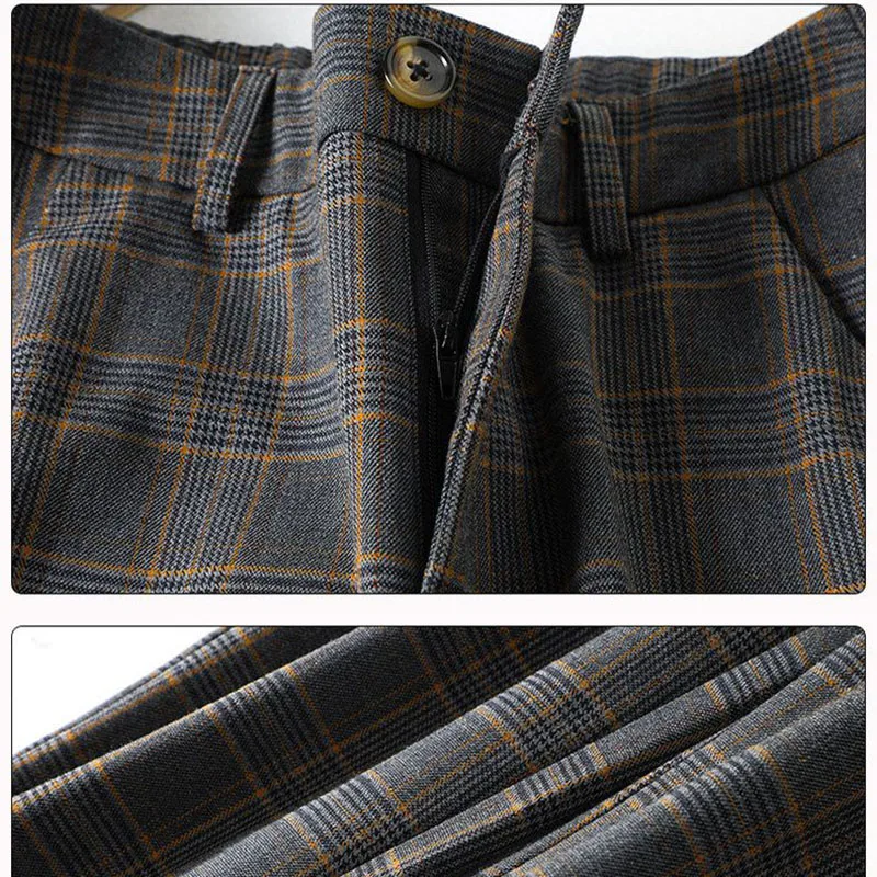 Women Formal Plaid Straight Pants Korean Female Office High Waist Baggy Pantalones Spring Fall Casual Loose Ankle Length Calca