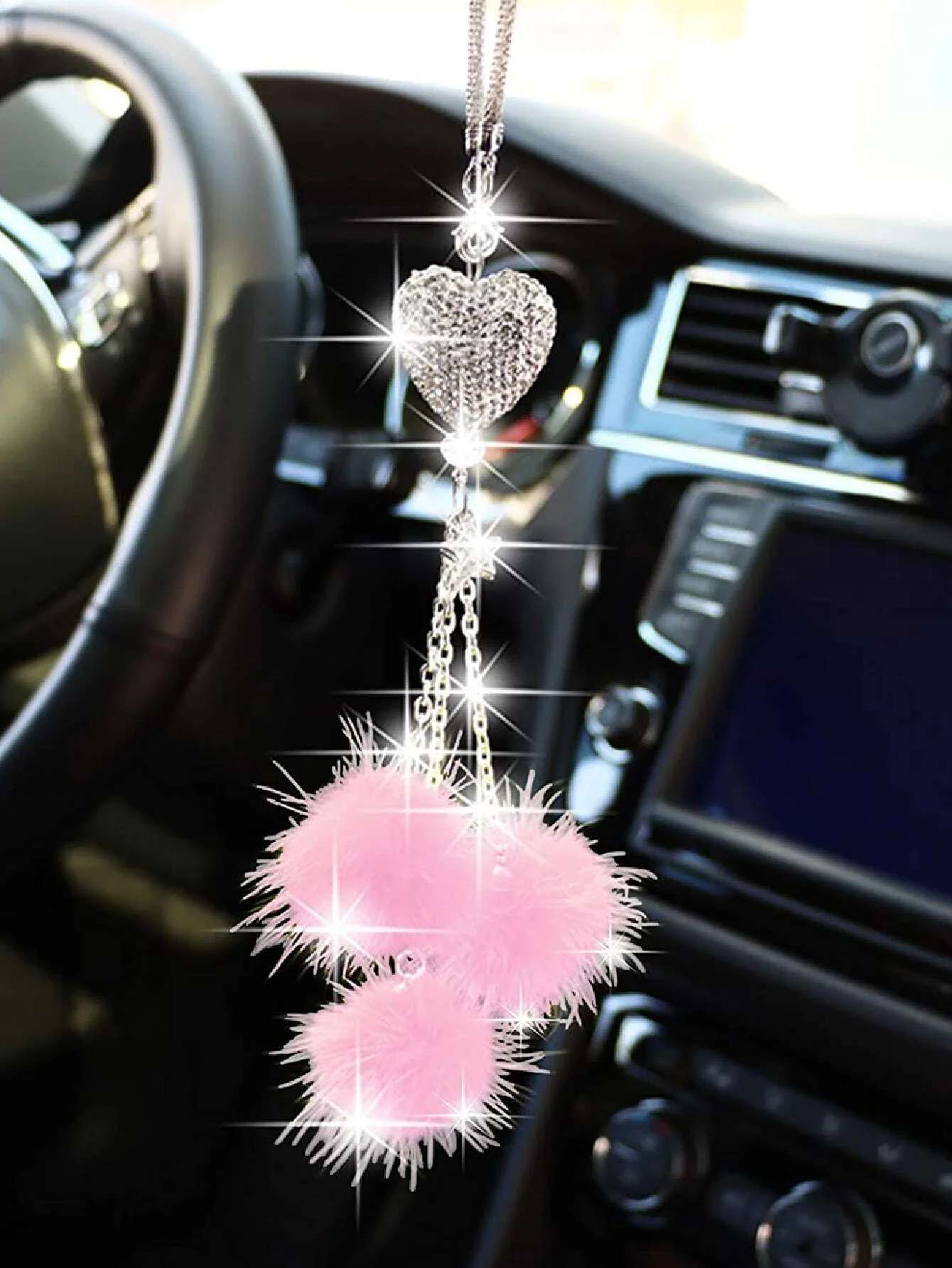 

1pc Rhinestone Heart & Pompom Decor Car Hanging Ornament