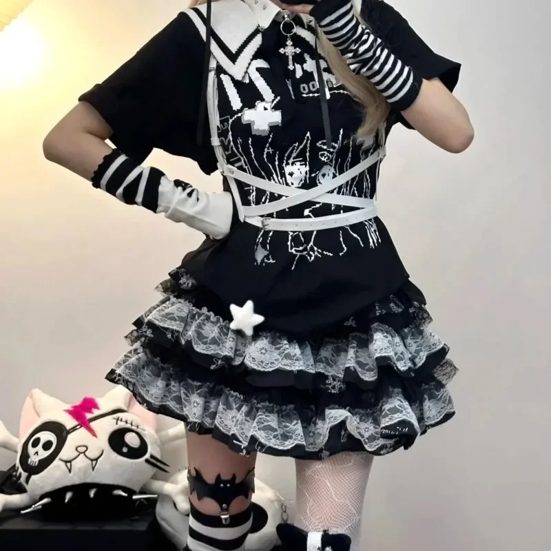 

Y2k Punk Street Dark Academia Одежда Винтажные кружевные юбки с высокой талией и рюшами Новинка лета 2023 г. Черная юбка трапециевидной формы для женщин