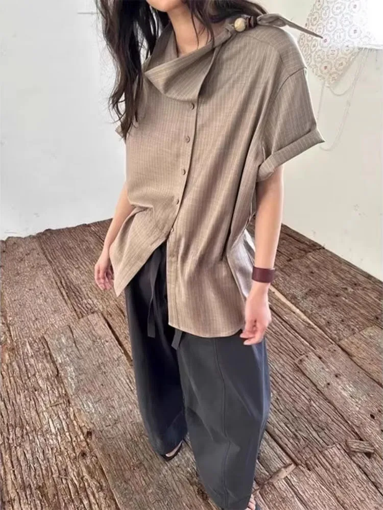 

Винтажные новые клетчатые повседневные свободные блузки, женская одежда, универсальные рубашки с короткими рукавами, лето 2025, модная однобортная блузка