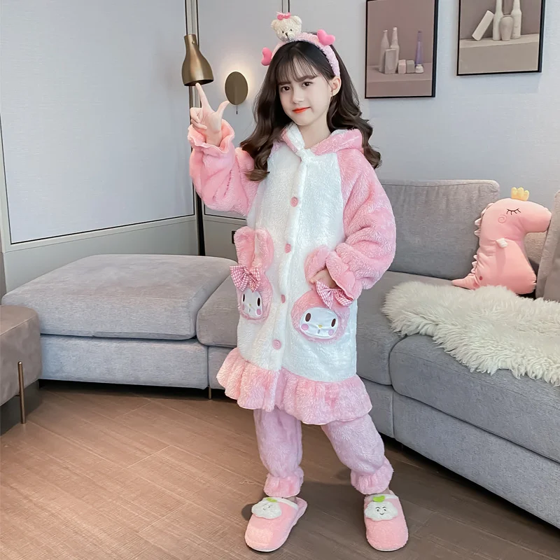 Anime Sanrio My Melody Plush Children Pajamas Autumn Winter Girl Casual Clothing Costume Sleepwear Kawaii Plushie Home Nightwear