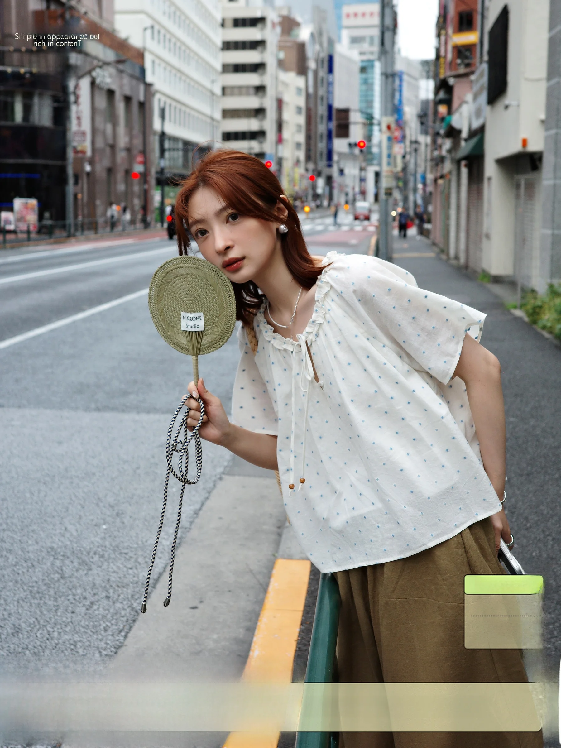 

French Sle Loose Fit Cotton Haax ort Sve irt with Bowtie Wooden Design Workwear Small Top Summer Faion