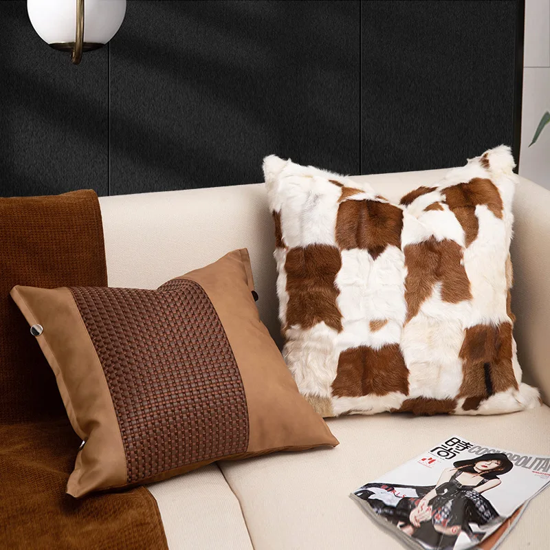 Italian-style light luxury faux leather fabric brown decorative pillow cover for hotel, living room, car sofa soft pillow cover