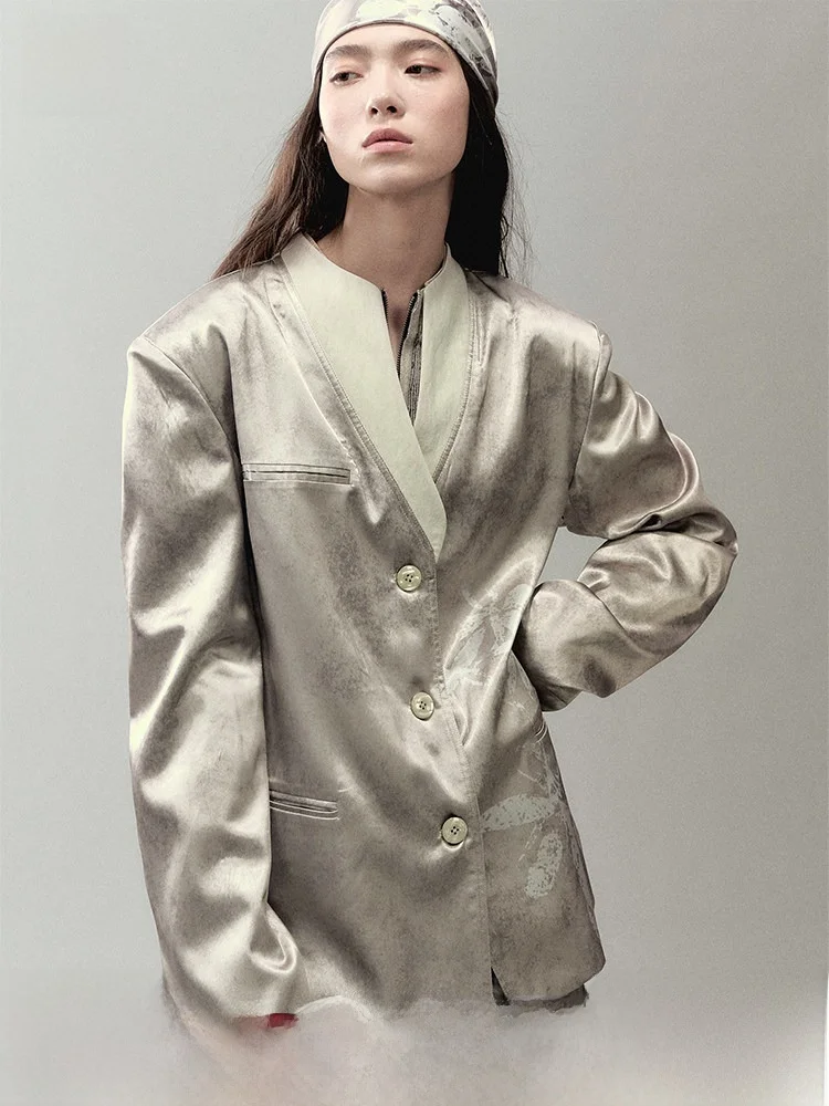 

New Chinese Sle Printed Women's Suit Jaet Genesis Branch Light adow Print Casual Straight Tube Polyester Fiber