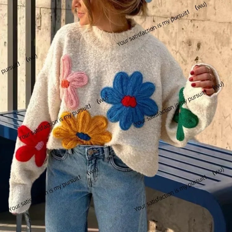 Sweater women's high-end sense loose new linked flower warm lazy wind embroidered flower pullover knitted sweater