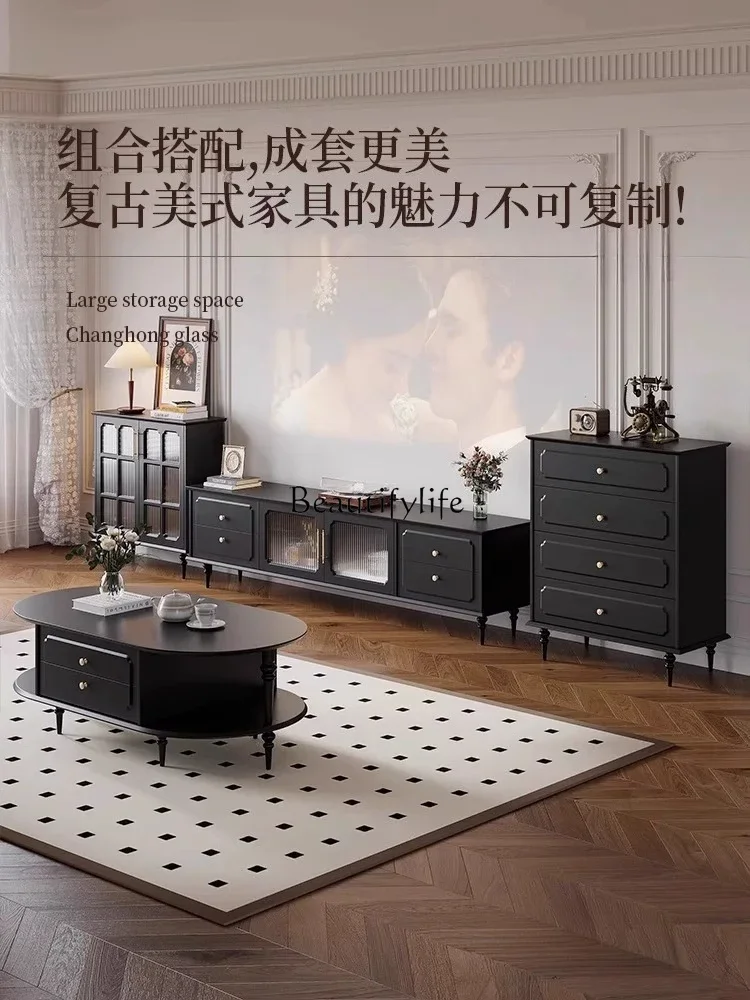 LS 42TV خزانة غرفة المعيشة الحديثة الرجعية الأسود الأمريكية الخشب الصلب خزانة التلفزيون من الأرض إلى السقف