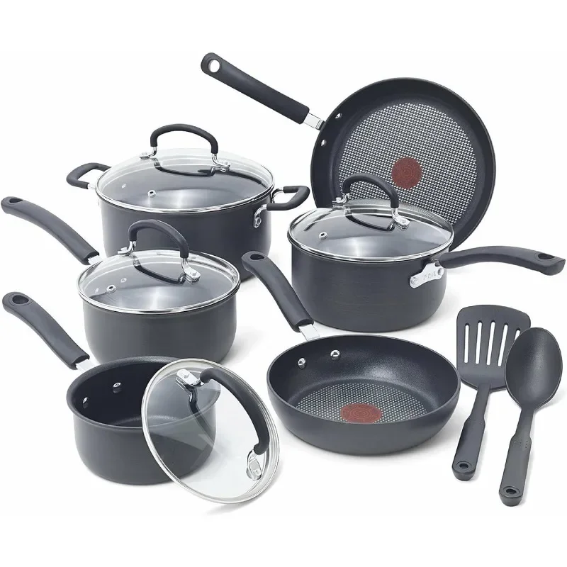 T-fal Ultimate Hard Anodized Nonstick Cookware Set 12 Piece Oven Safe 400F, Lid Safe 350F Pots and Pans, Dishwasher Safe Black