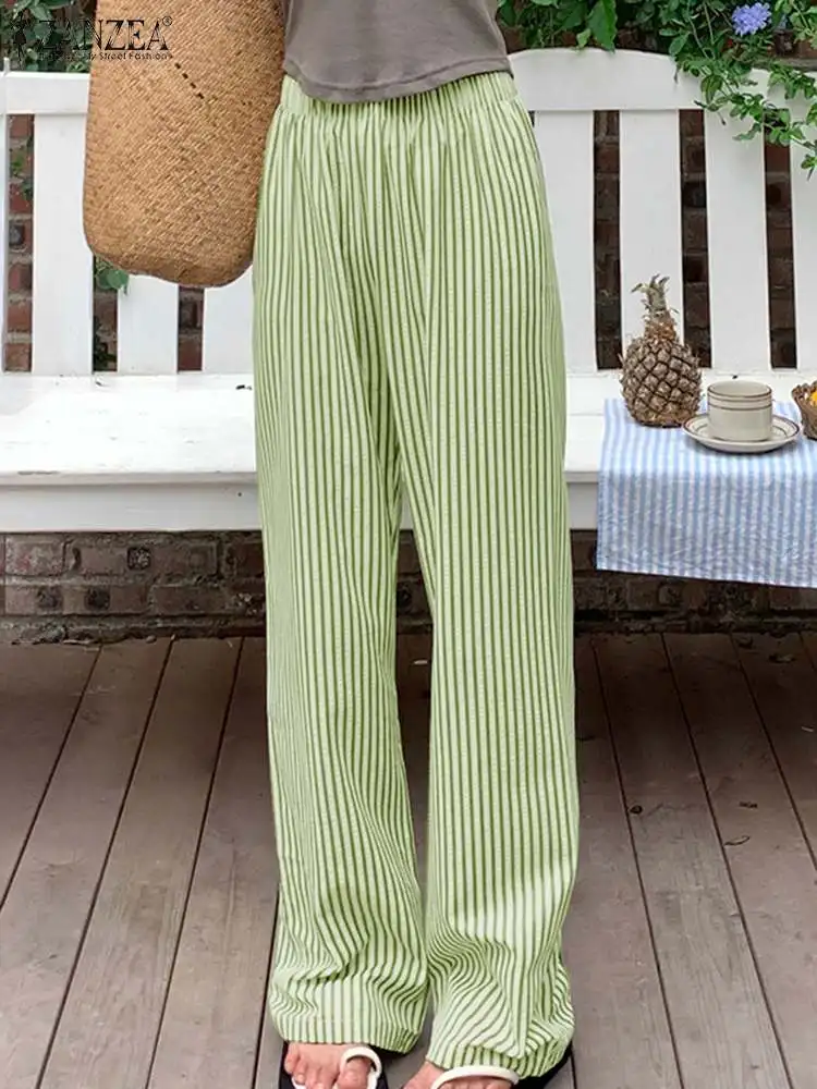 

ZANZEA 2024 Korean High Waist Straight Pants Women Fashion Stripes Wide Leg Trousers Summer Casual Elastic Waist Loose Pantalon