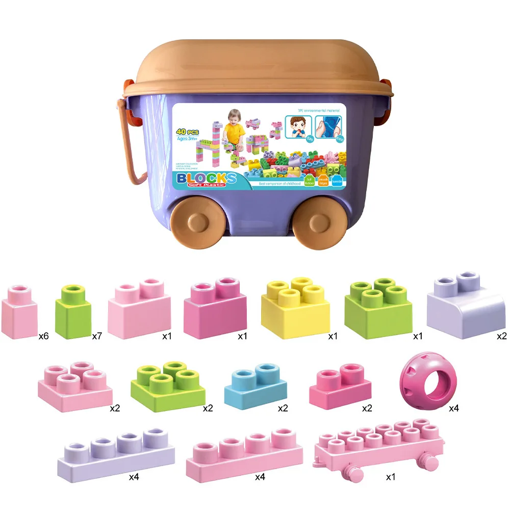 Boîte cadeau de jouets d'apprentissage en plastique souple, blocs de construction, cadeau, 0-3 ans, 527551, 40 pièces, 60 pièces