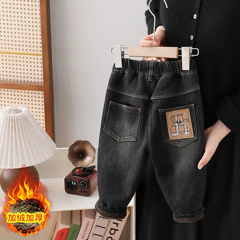 Korean Fashion Winter Boys Jeans Adding Velvet And Thickening Wide Leg pants Boys Jeans Children's Pants Kid Jeans