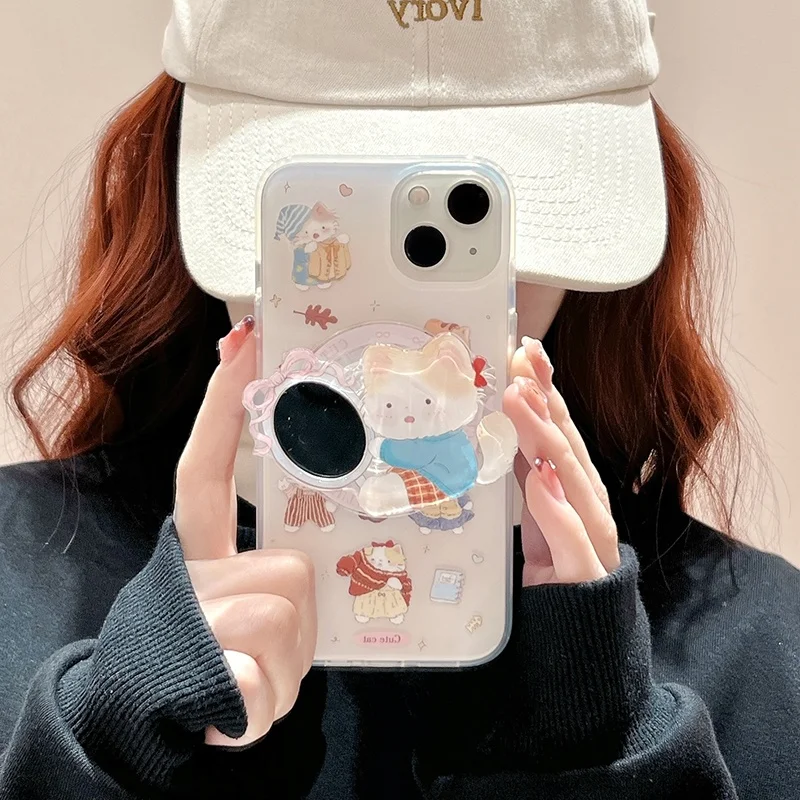 Lindo cachorro y gatito coreano para Magsafe, agarre magnético para teléfono Tok Griptok, soporte para iPhone 16, funda de carga inalámbrica, soporte de anillo