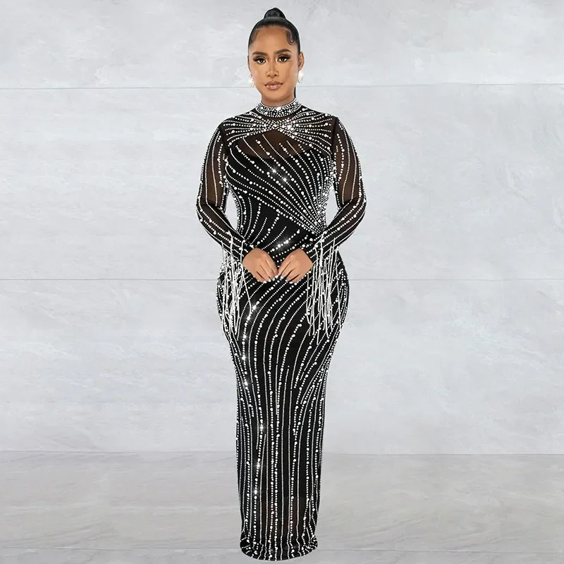 Vestidos de Noche de celebridades con diamantes de imitación brillantes para mujer, vestido Maxi ajustado transparente de malla de manga larga con borlas de diamantes para club nocturno de lujo