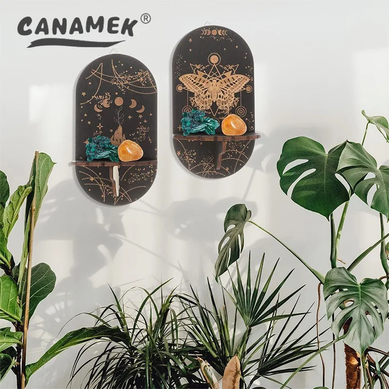 حامل كريستال مبتكر منحوت بالخشب، رف عرض حائط بوهو مع حامل شموع #2