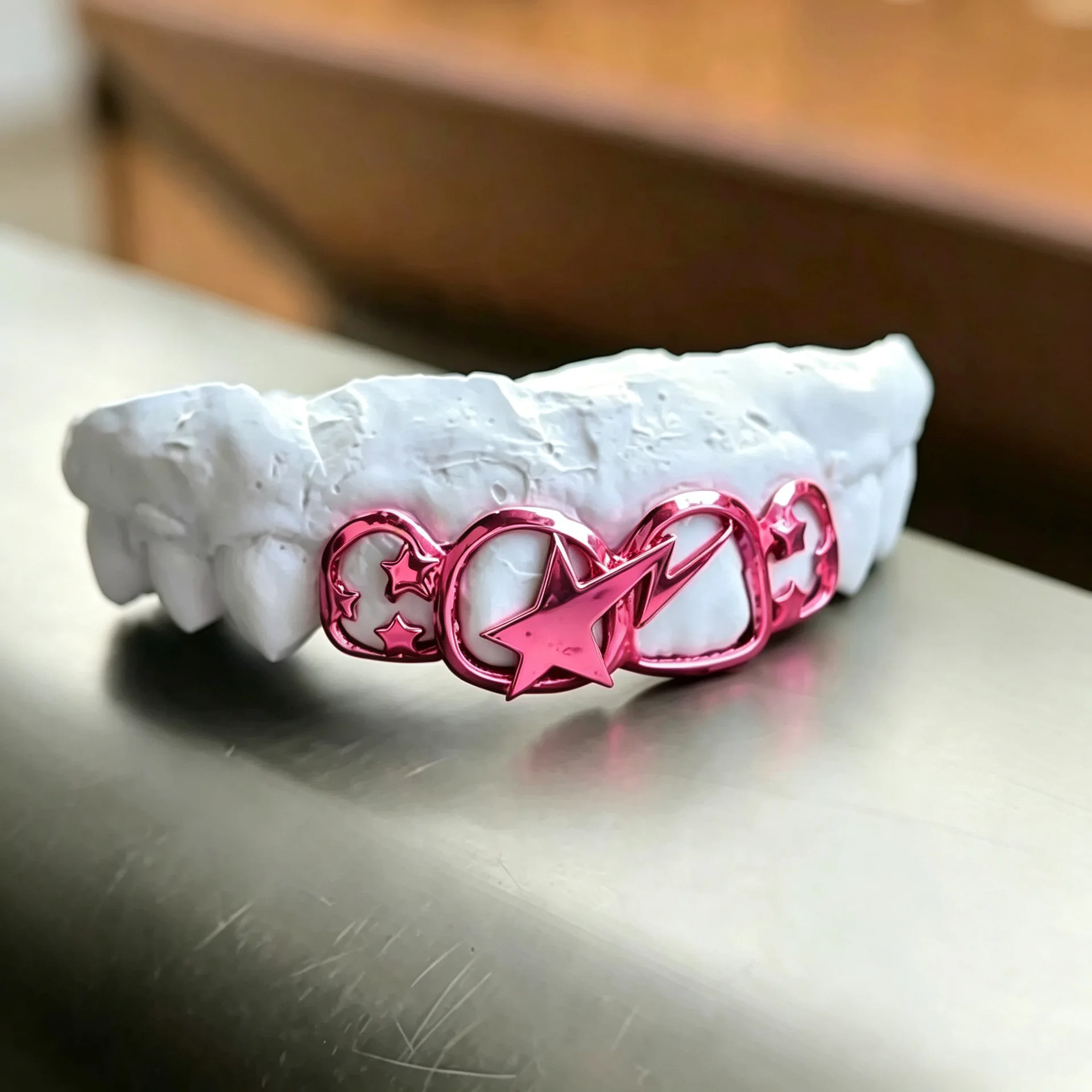 Y2K Hot Pink Grillz 6 Tooth Top Hollow Out Star Lightning Bolt Hip Hop Rapper Teeth Grills Wholesale Jewelry for Women Men