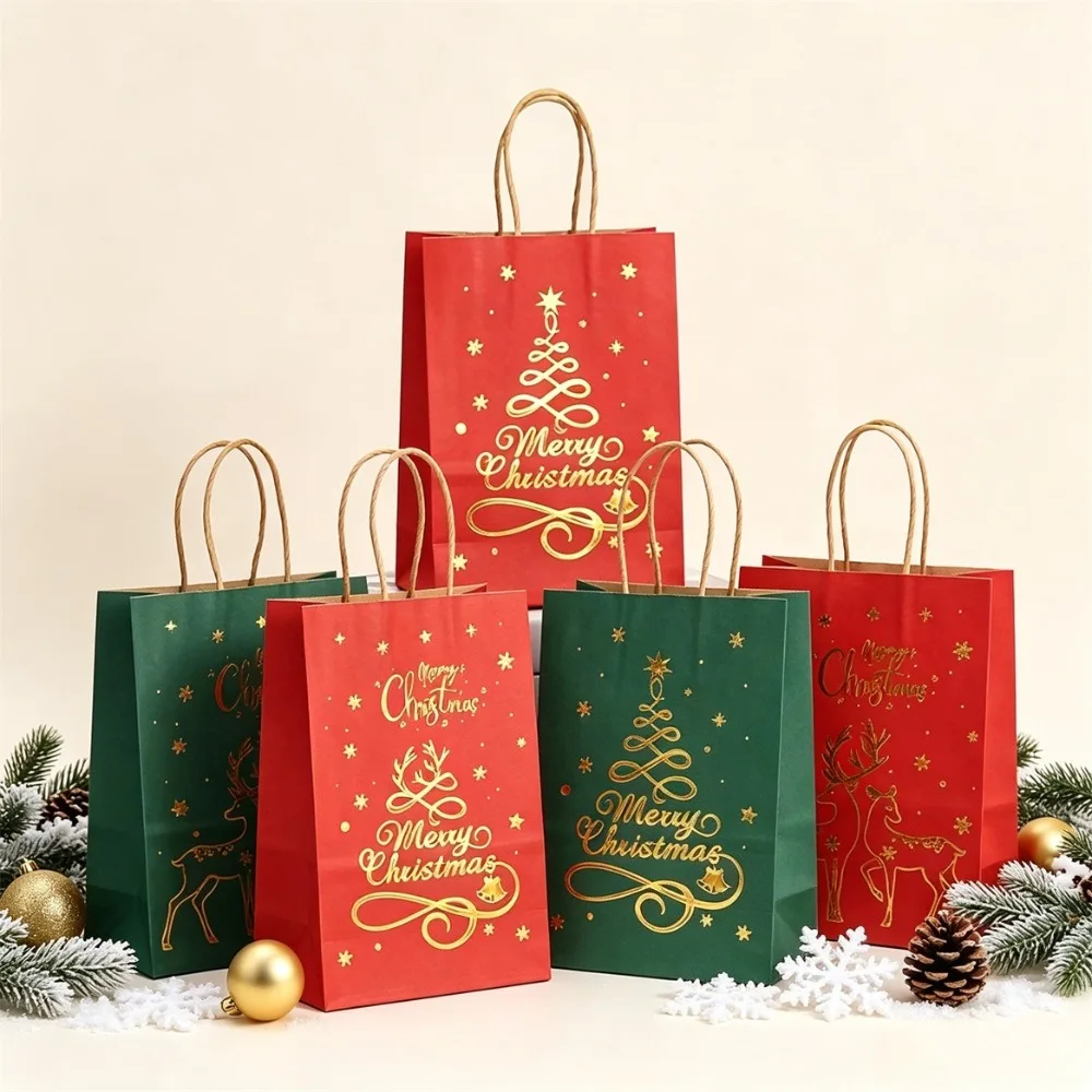 3/12 Pcs Christmas Gift Bag Set, Gold Tree Print Red Green Metallic Edge, Handled Holiday Gift Pouches image 5