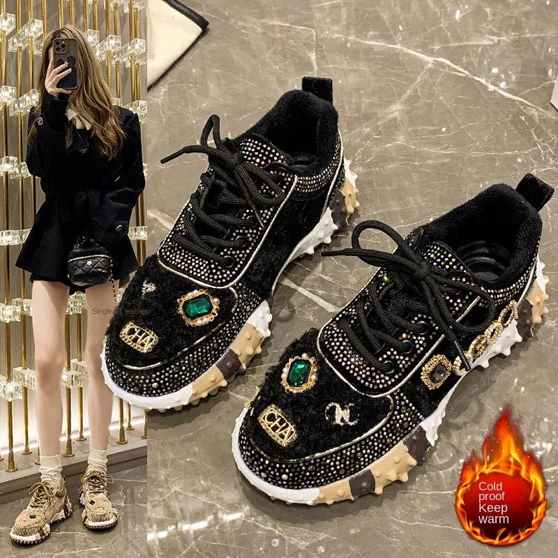 Women Sneakers Winter Fashion Luxury Rhinestone Ladies Shoes Outdoor Platform Female Sports Shoes Fleece-lined Ladies Vulcanized