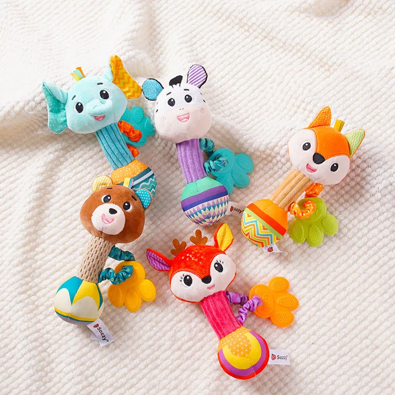 Shaker de chocalhos macios para bebês, desenvolvimento infantil, aperto de mão, brinquedos sensoriais estridentes com mordedor, 0-12M