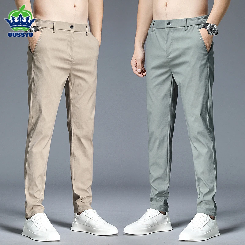 2024 Spring Summer Casual  Pants Men Cotton Stretch Slim Fit Elastic Waist Business Korean Classic Trousers Male Black Gray 38