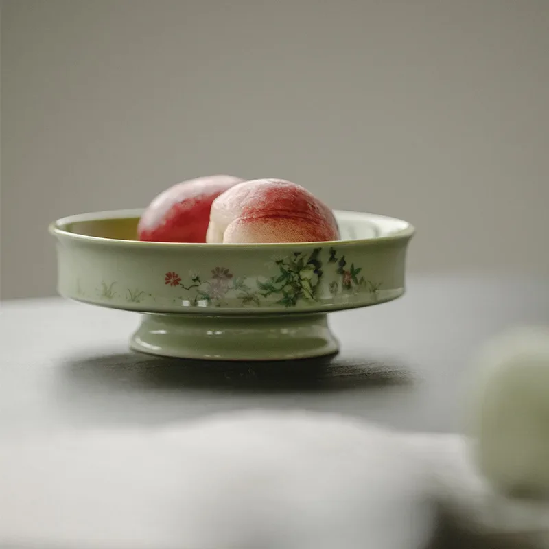 Apple green underglaze pastel hand-painted spring rhyme book Huai pot bearing dry brew plate tea snack fruit plate kung fu tea