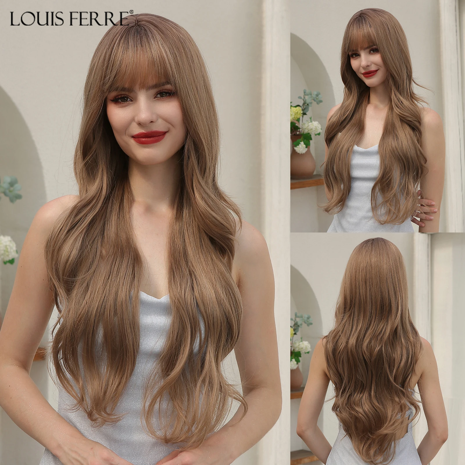 

LOUIS FERRE Long Rose Blonde Synthetic Wig Natural Wave Wig With Bangs For Women Cosplay Party Hair Heat Resistant Fiber Wig