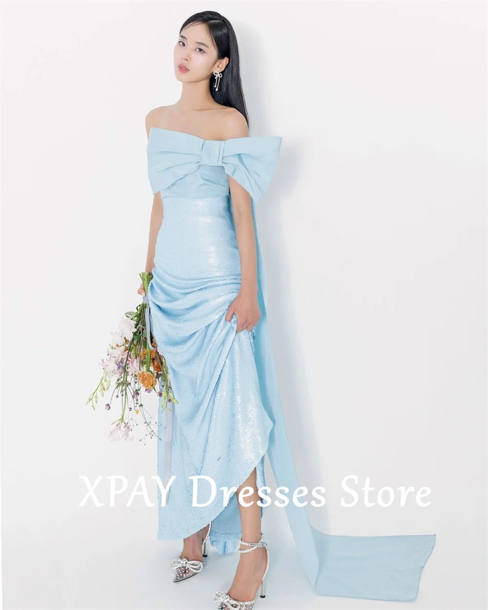 XPAY Blue eleganti abiti da ricevimento di nozze con fiocco al largo della spalla abito da sposa lungo fino al pavimento su misura corea Photo Shoot Dresses