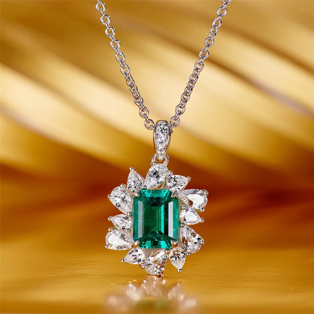 Cultivated Emerald Necklace Droplet Wrapped Large Carat Emerald Pendant S925 Silver Laboratory Cultivated Stone