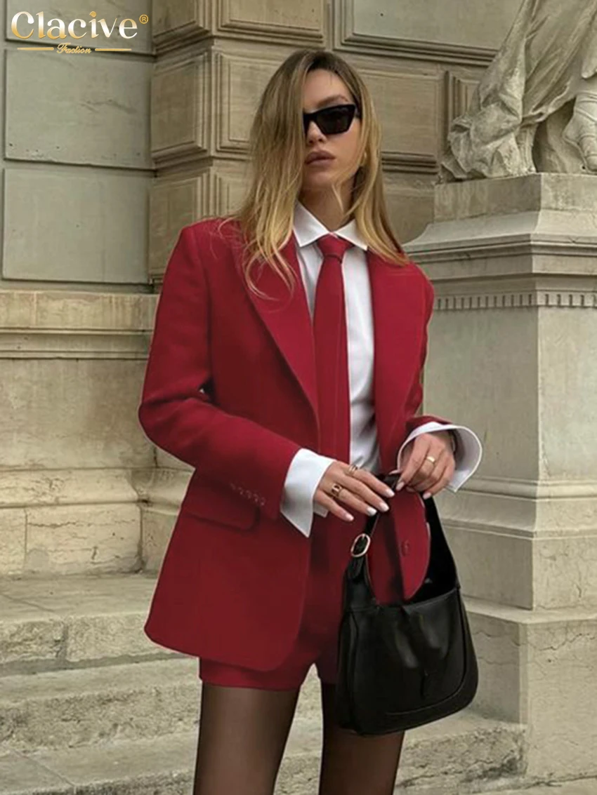 Clacive Fashion Loose Red Office Shorts Sets For Women 2 Pieces Elegant Long Sleeve Blazer With High Waist Shorts Set Female