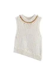Women's Asymmetric Knit Vest Sleeveless O-Neck Chain Detail Chic Top Fashion Female Waistcoat