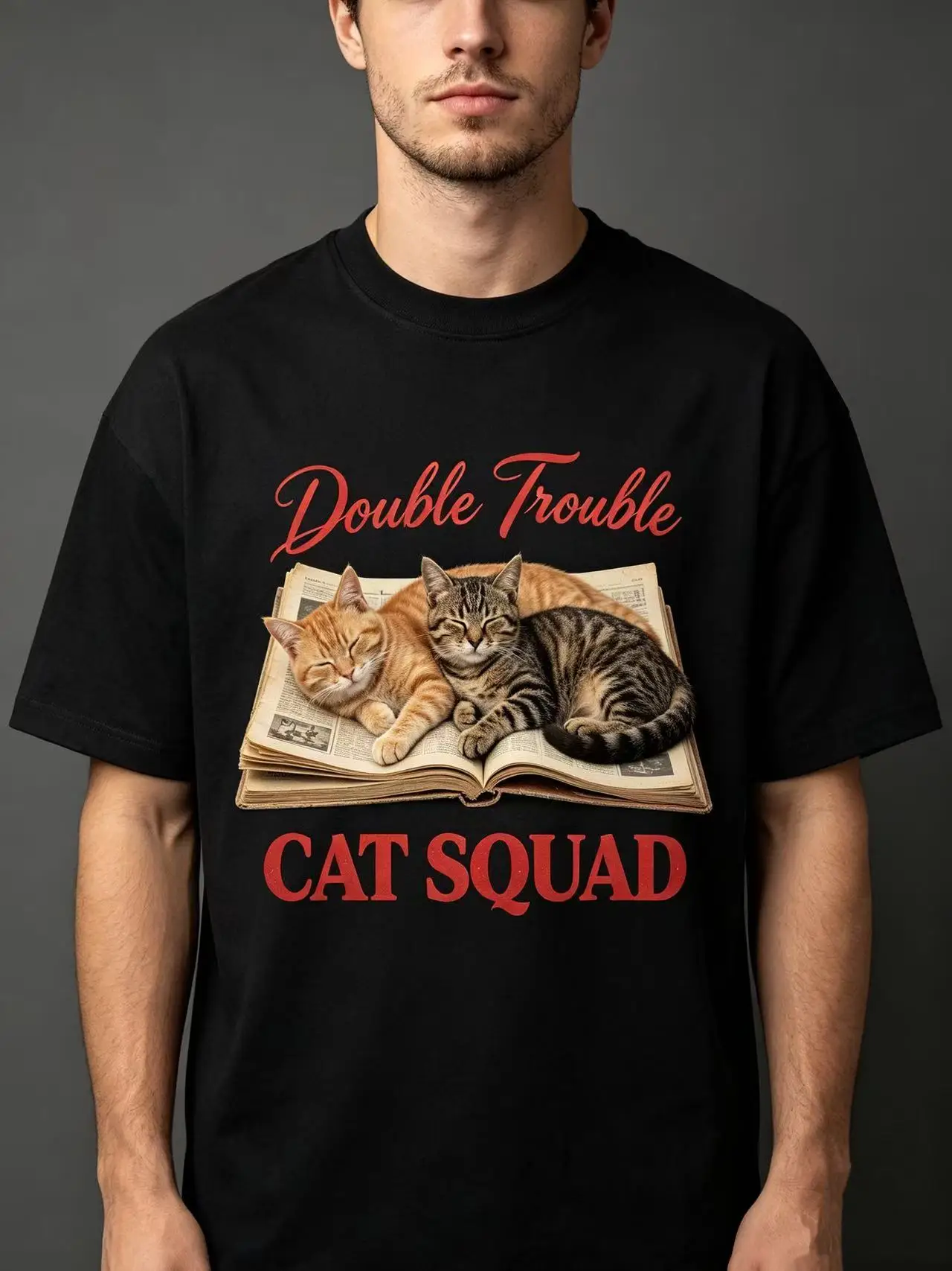 Unisex Double Trouble Cat Squad Two Sleeping Cats On Vintage Book Graphic T Shirt Men Women Cute Animal Print Oversized Crew Neck Cotton Tee