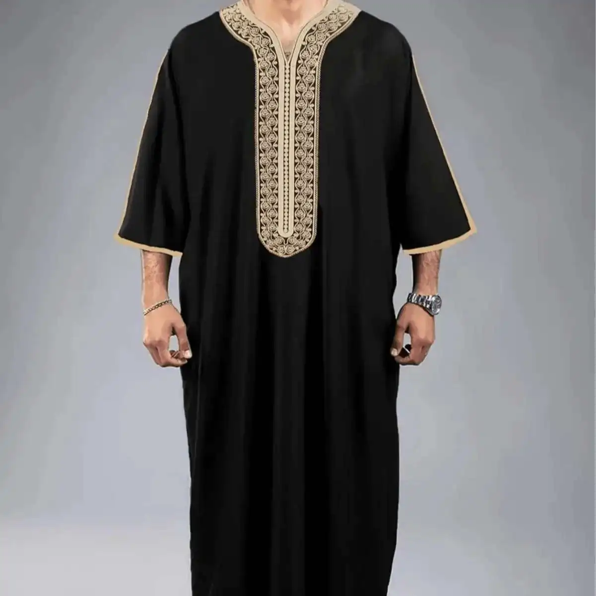 

Ethnic M1038 New Hui Arab Robe Clothing Middle Sleeve Embroidered Muslim Men's Robe