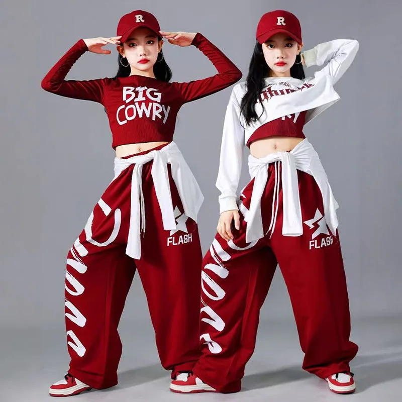 Children Street Dance Wear Girls Red Hip Hop Dance Suit Kids Jazz Kpop Stage Outift Casual Clothes Long Sleeve Tops Pants 2290