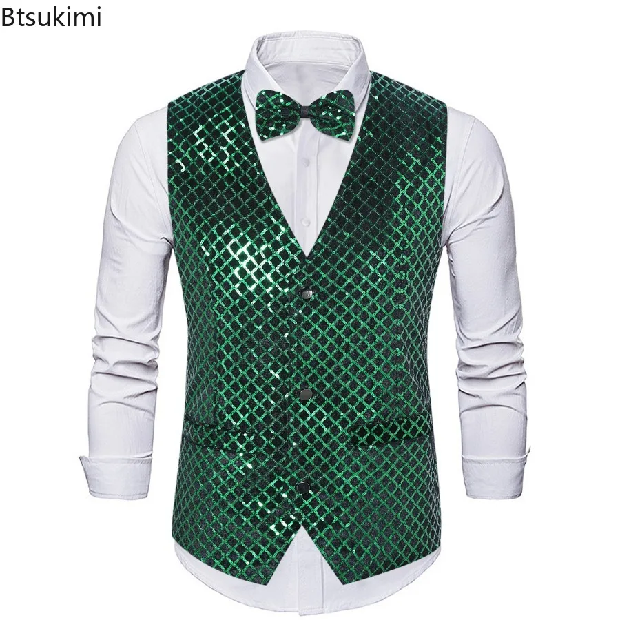 2026 New Mens Trendy Shiny Sequin Suit Vest Four Seasons Butterfly Knot Casual Loose Sleeveless Vest Jacket Fashion Men Clothing