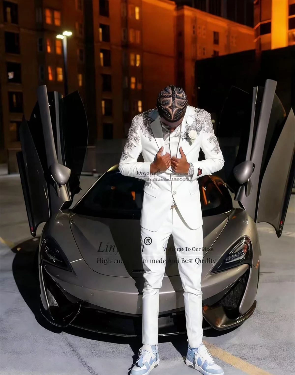 

Glitter Appliques Lace Crystals Men Suit Customized Groom Party Male Blazers 2 Piece Sets Slim Fit Wedding Tuxedos Costume Homme