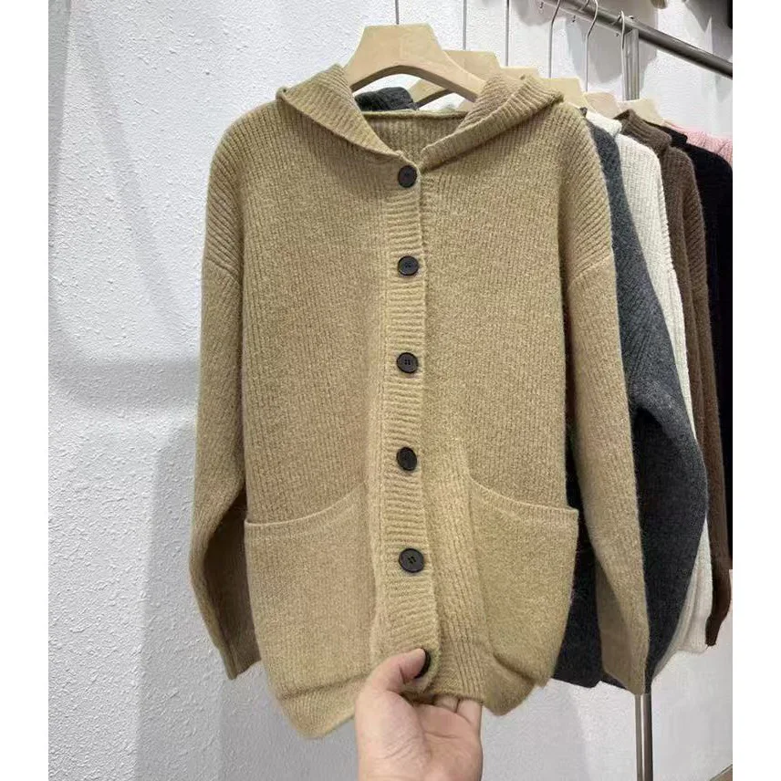 Cárdigan de punto grueso holgado de talla grande para mujer, abrigo de estilo perezoso, suéter con capucha suave y grueso de estilo coreano, otoño e invierno
