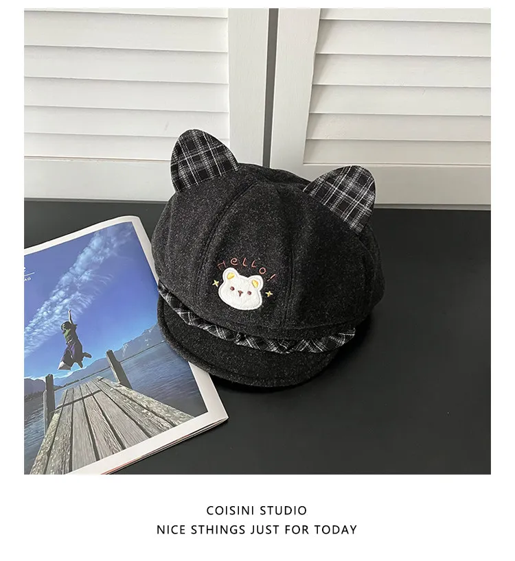 Süße, niedliche karierte Baskenmützen mit Katzenohren und Spitzenbesatz für Damen, Herbst-Winter, koreanische Mode, vielseitige, gesichtsformende, künstlerische Malermützen – Detail 16