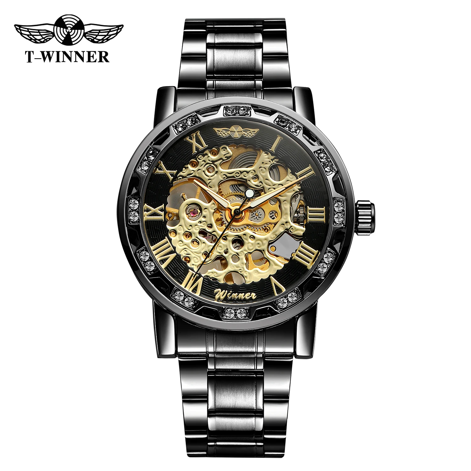 T-WINNER แฟชั่นลำลองบุรุษนาฬิกาโครงกระดูกกลไกแกะสลักหรูหราไรน์สโตนตัวชี้ส่องสว่างคูลแบล็คแมนนาฬิกาข้อมือ