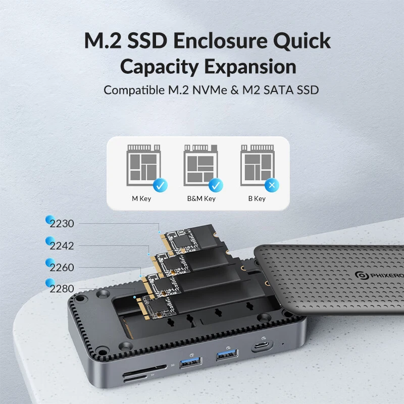 Imagem -05 - Phixero-usb c Docking Station M.2 Nvme Enclosure Usb-a 3.2 Gen2 Hub Adapter Leitor de Cartão Compatível com Hdmi Rj45 para pc Laptop