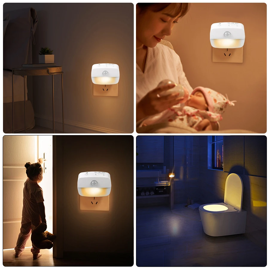 Luz LED nocturna con Sensor de movimiento, lámpara de pared con enchufe europeo, decoración para dormitorio de niños, pasillo, escaleras, WC, mesita