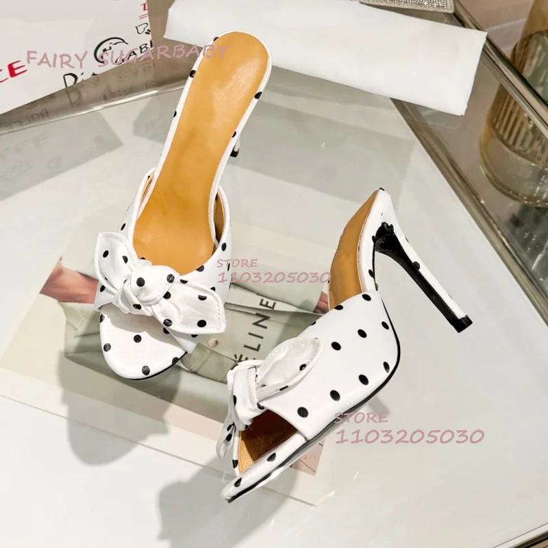 Red Silk White Spots Open Heels Women Summer Yellow Satin Peep Slippers Stilettos Slingback Bow White Casual Girls Beach Shoes