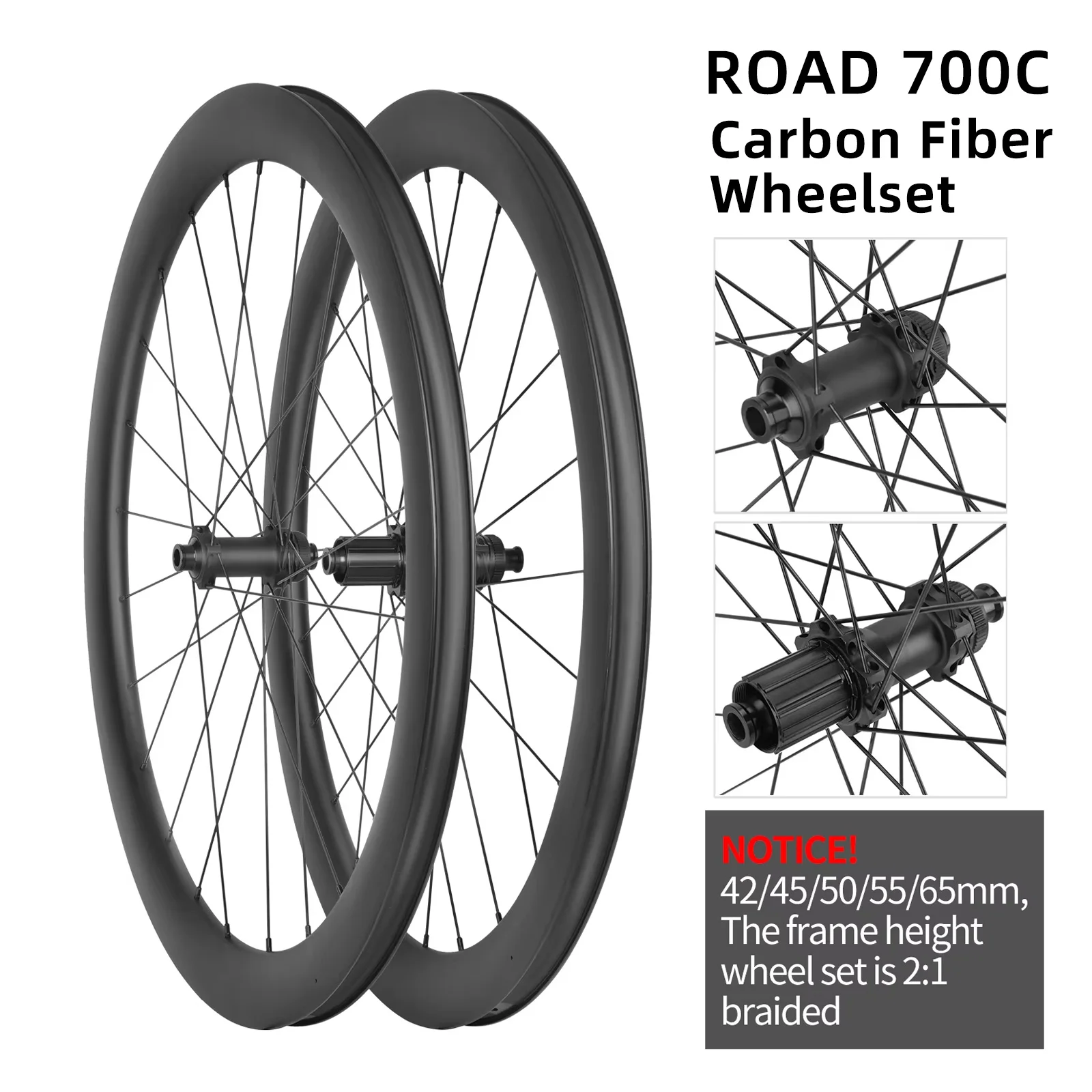 Carbon Fiber Road Bike Thru Axle Wheel 12x100mm 12x142mm Center Lock Disc Brake No Logo 38mm/44/50/60/85mm 700C Road Wheelset